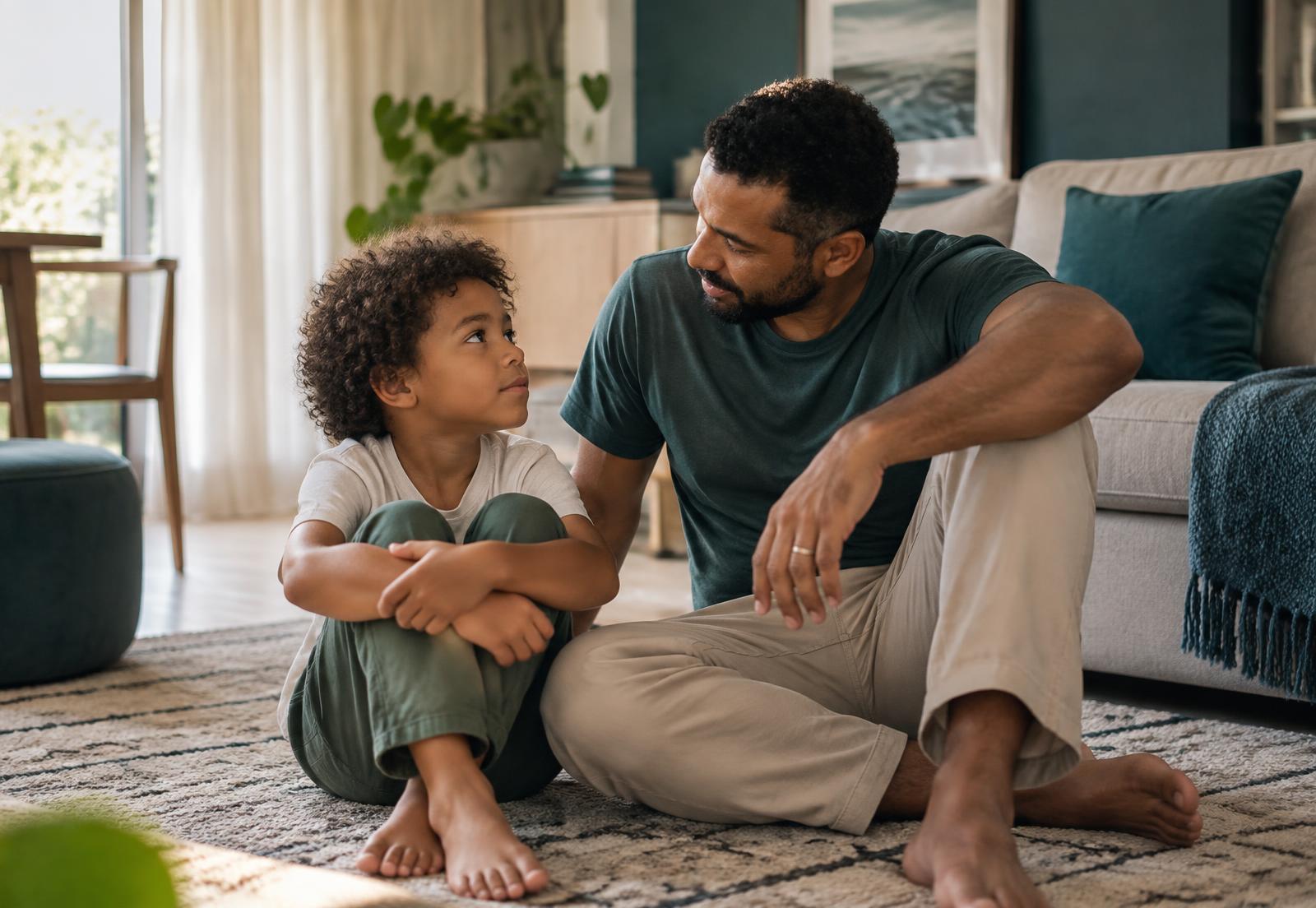 Pai e filho conversando com calma e conexão